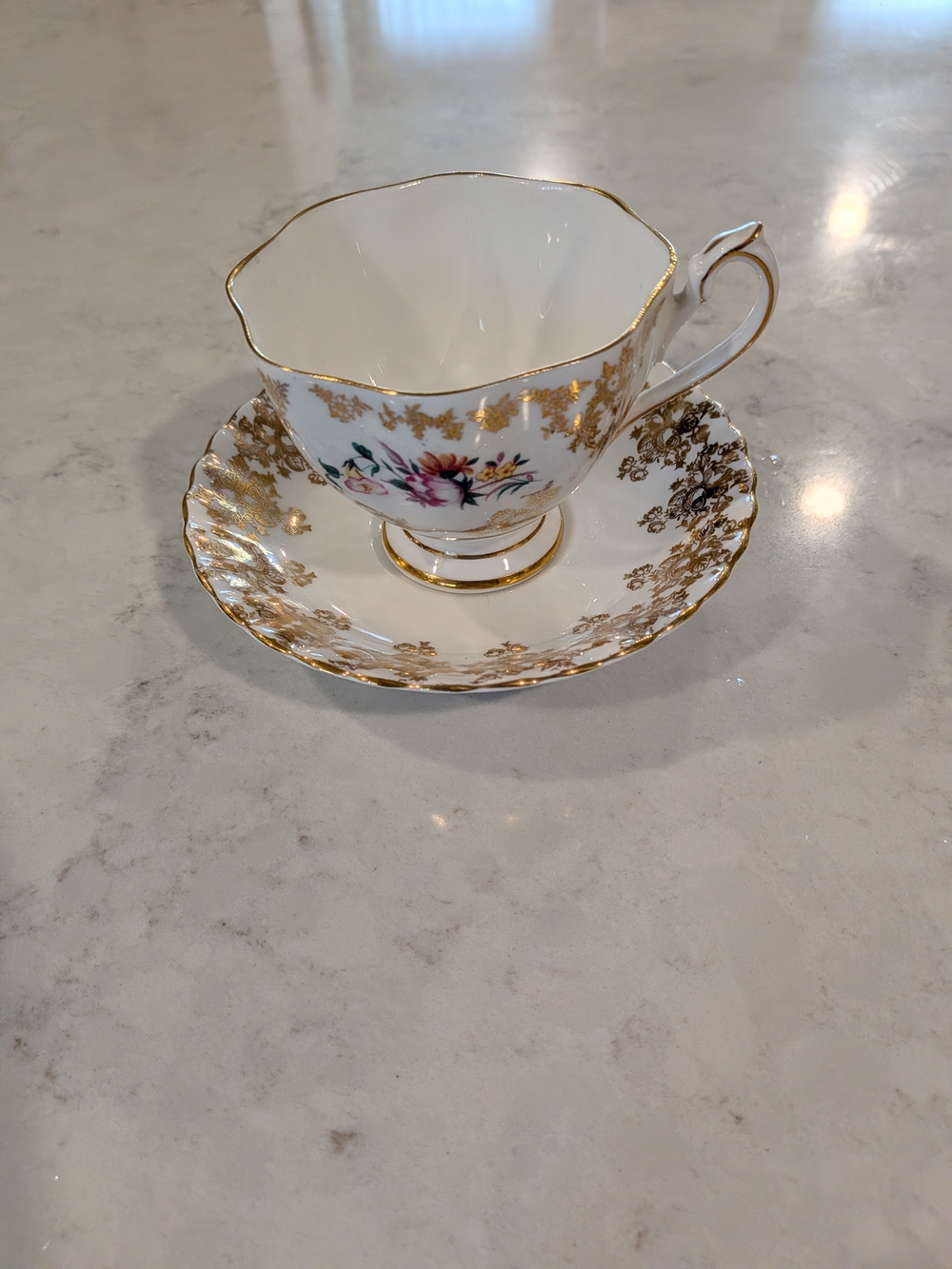 Vintage 1950s Bone China White and Gold Floral Teacup & Saucer Different Maker